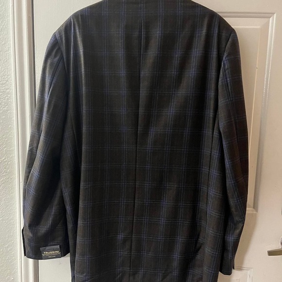 Size 40 Long Trussini Italy Wool Gray and Blue Dual Vent Stitched Lapel Blazer - Picture 2 of 8